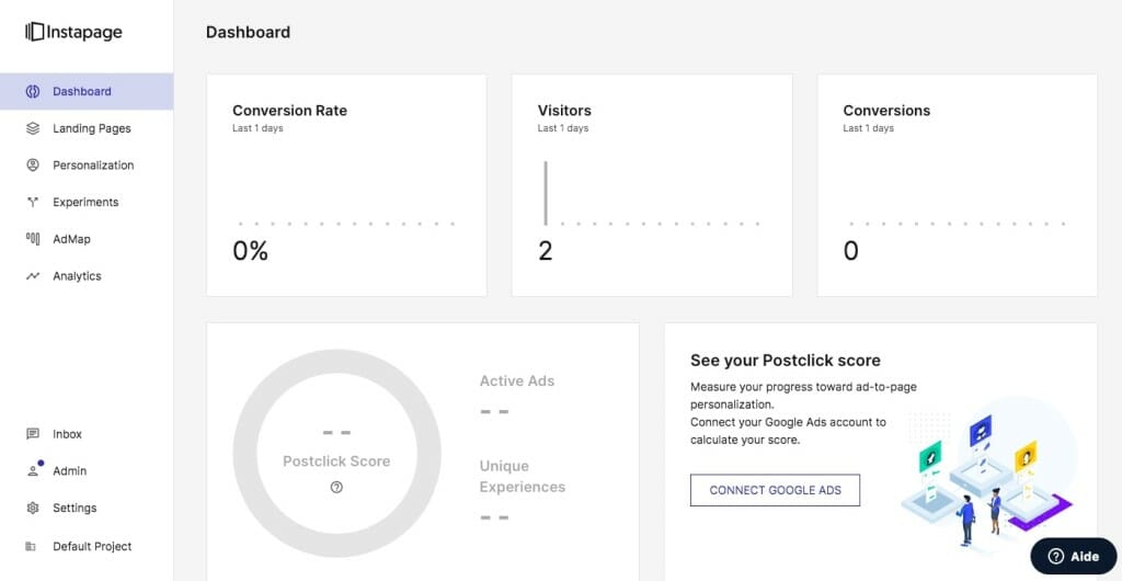 instapage outil landing page dashboard tableau bord