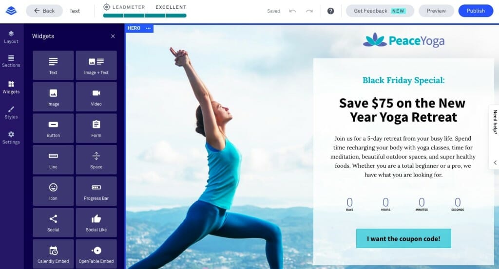 test leadpages gestion widgets