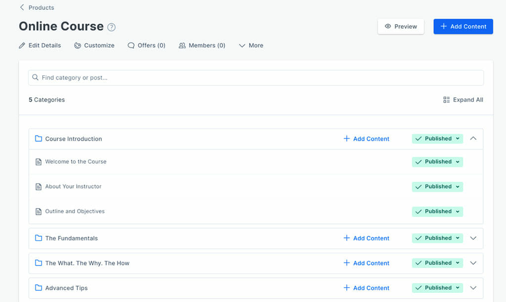 liste cours back office kajabi