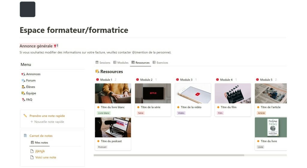 template notion gratuit pour creer formation en ligne